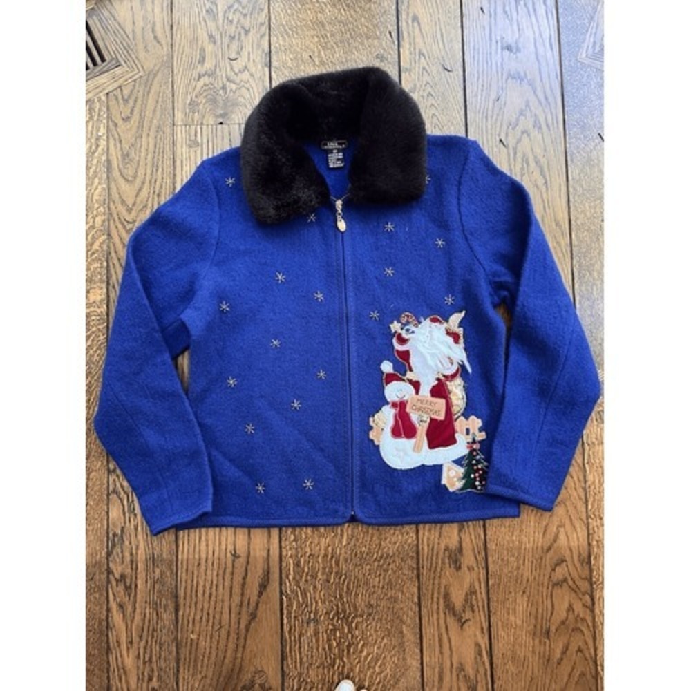 Lisa International Women's M Blue Boiled Wool Zip Jacket w/ Santa Ugly Sweater